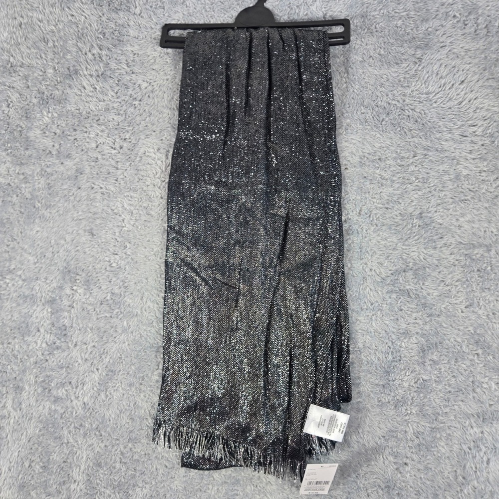 Sears Womens Shine Oblong Scarf Black Metallic Shimmer Fringe Wrap One Size NEW